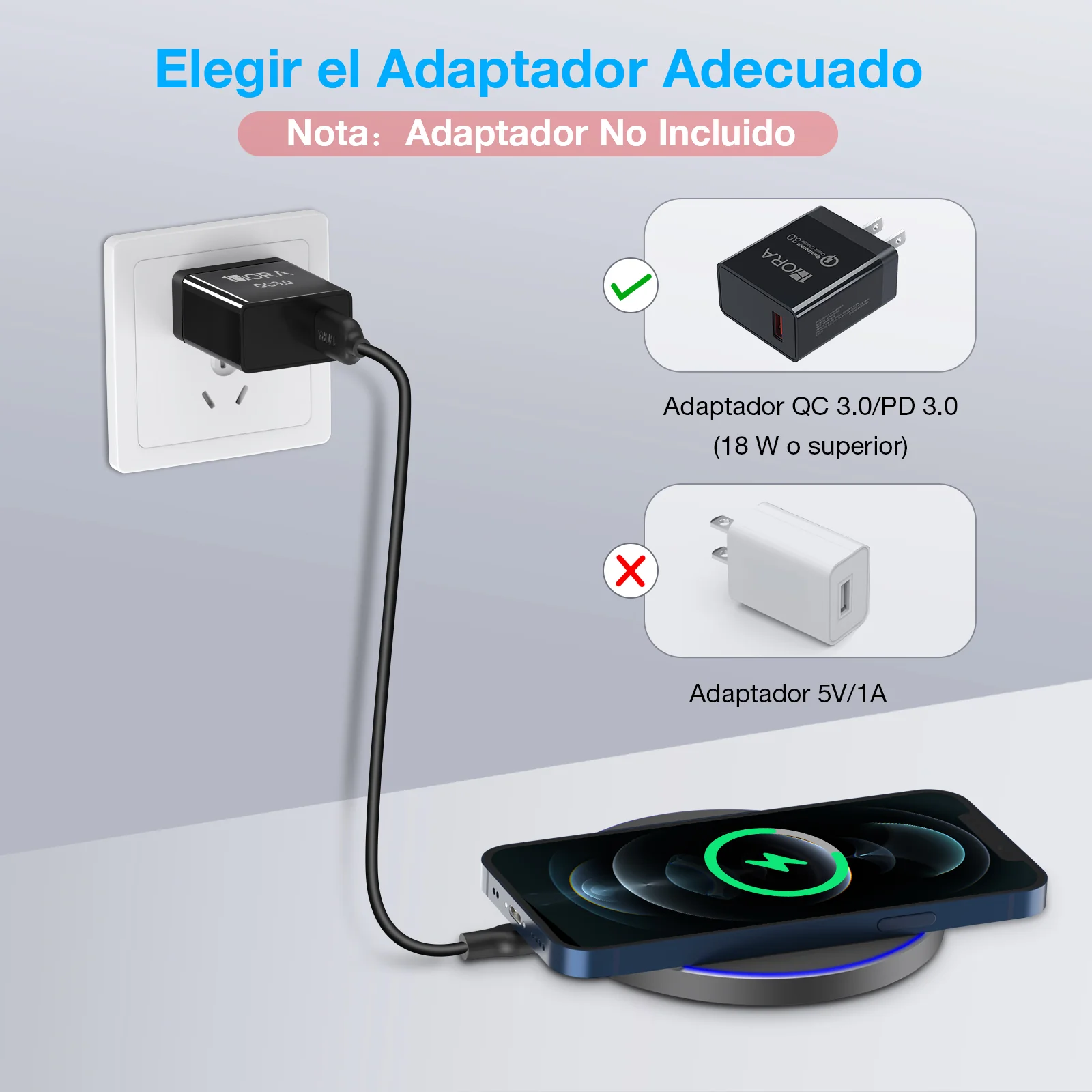 CARGADOR INALÁMBRICO 15W, WIRELESS CHARGER QI CON CABLE 3A