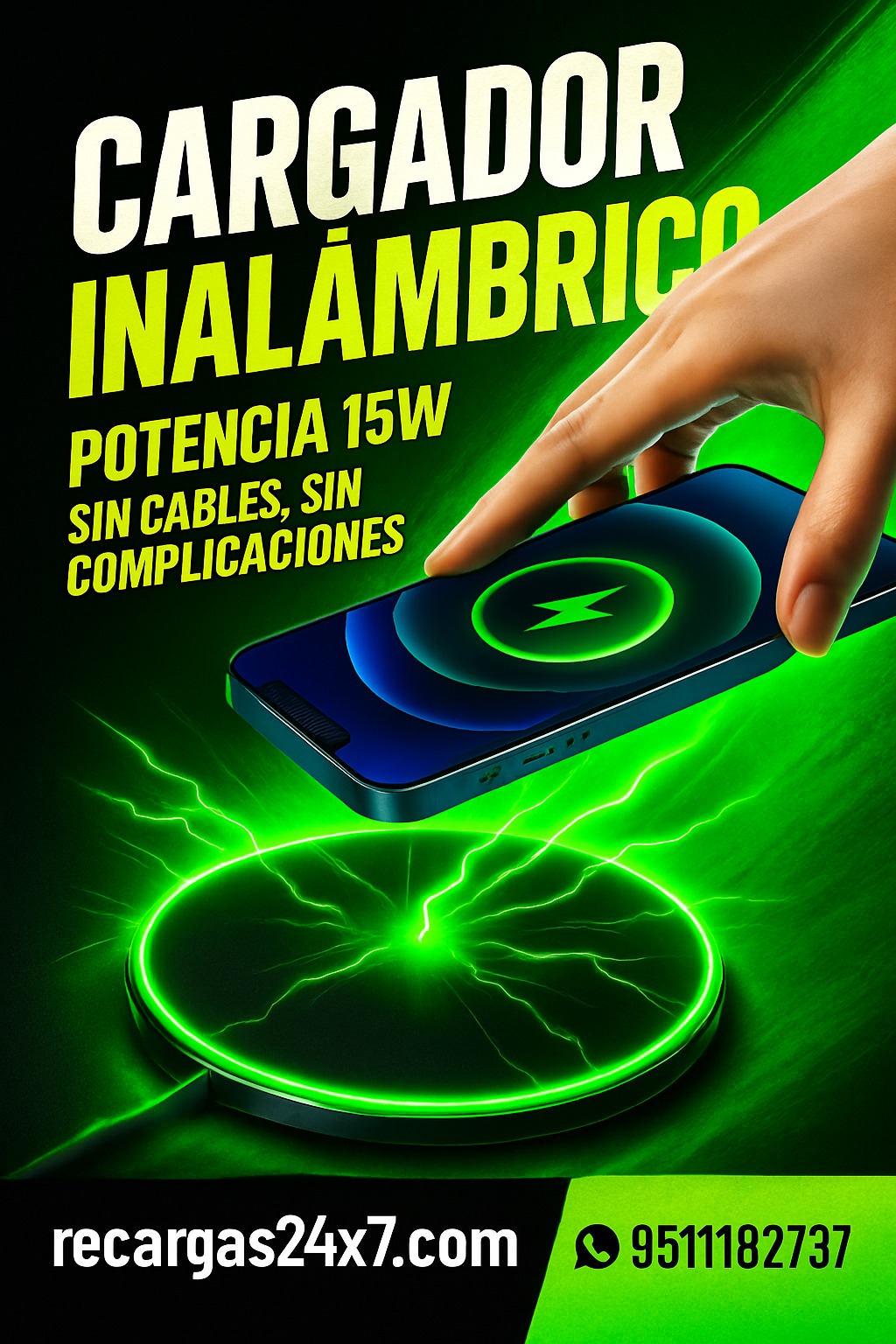 CARGADOR INALÁMBRICO 15W, WIRELESS CHARGER QI CON CABLE 3A
